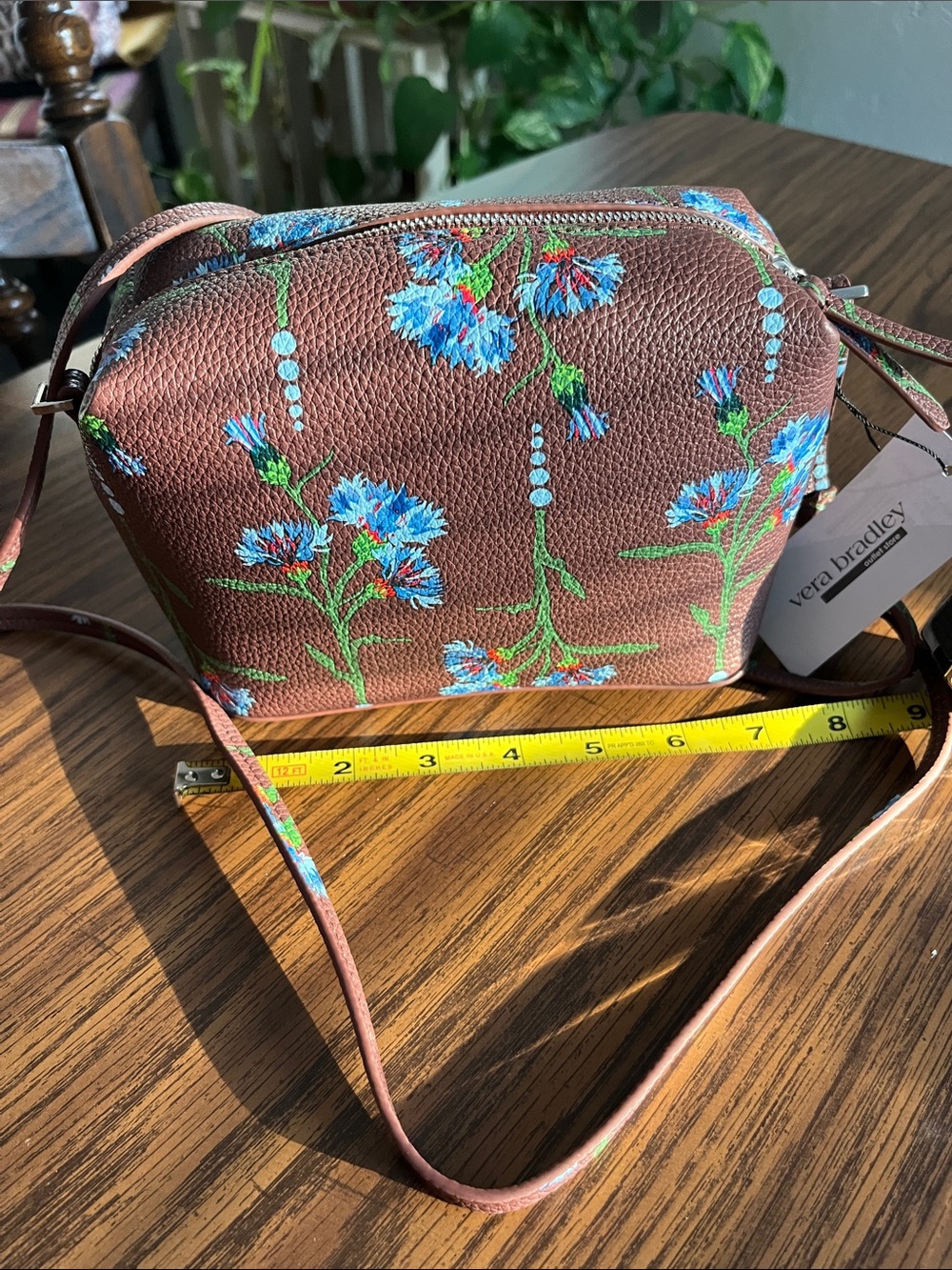 Vera Bradley Brown Crossbody with Blue Floral Embroidery